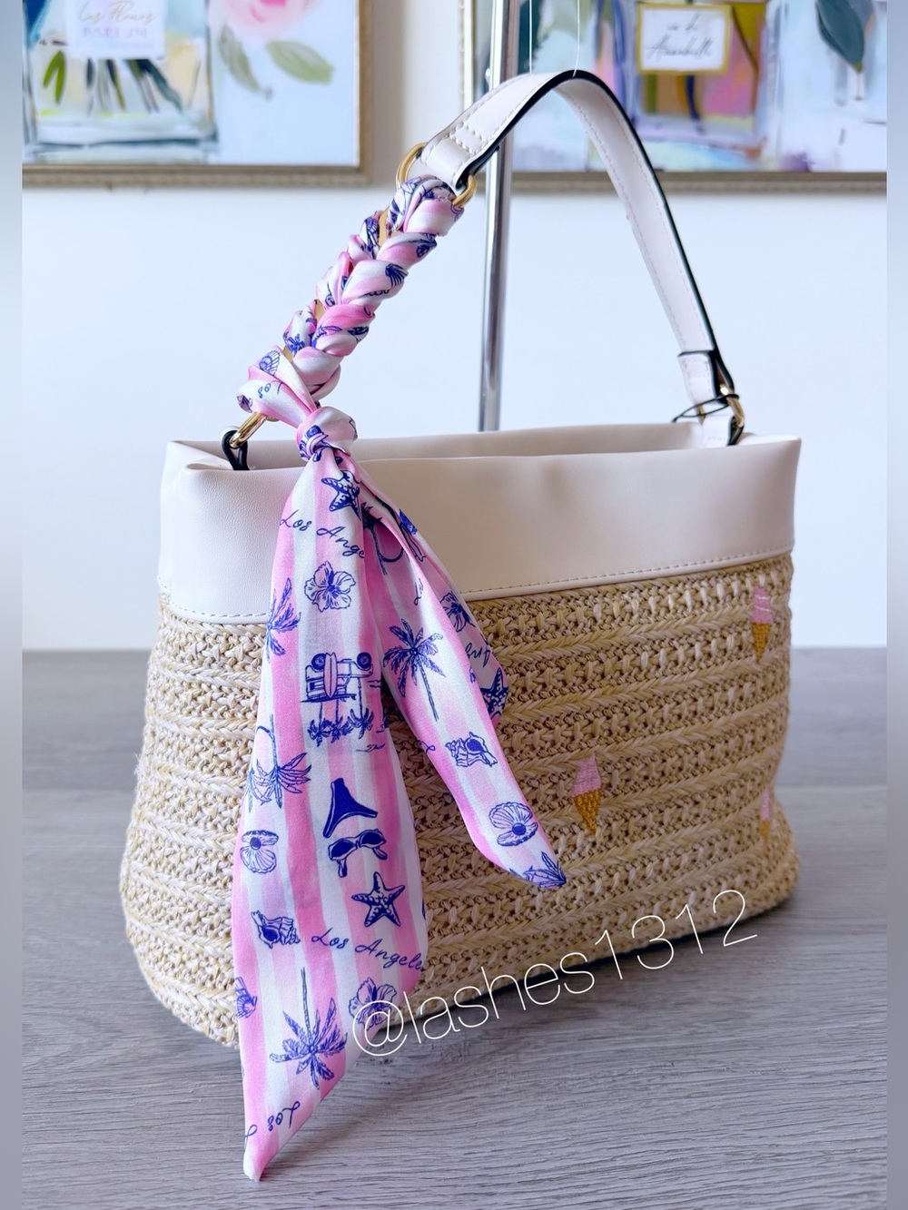 BCBGeneration Straw Crossbody Satchel with Ice Cream Cones and Scarf - Picture 4 of 8
